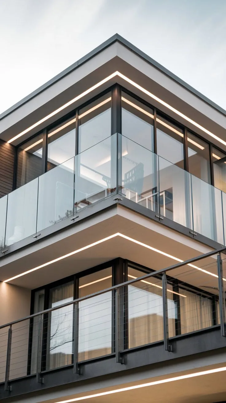 A monochromatic home, bathed in soft light, reveals a glass Juliet balcony offering a captivating view from its metal-railed height