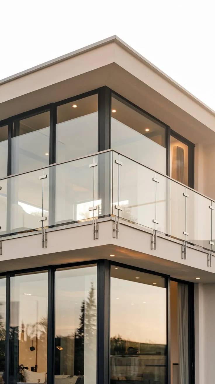 A clean white house showcases a glass Juliet balcony with metal railings, offering you a peaceful view bathed in soft light
