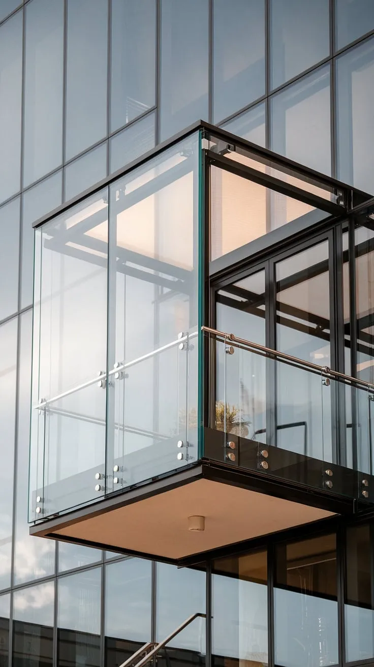 Soaring above the city, this contemporary Juliet balcony offers breathtaking views, thanks to its sleek glass balcony design.  The transparent balcony glass panels and glass balustrade create a seamless transition between indoor and outdoor spaces, while the glass safety railing ensures both style and security. This modern Juliet balcony, a perfect example of innovative glass balcony systems, showcases the ultimate in Juliet balcony ideas and glass terrace railing.  The glass balcony enclosure provides a private sanctuary, highlighting the elegance of this glass Juliet balcony design.