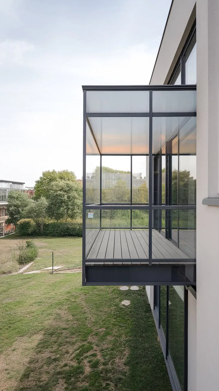 Modern living at its finest. This contemporary juliet balcony, with its sleek glass railing and warm wood flooring, offers a breathtaking view. The glass balcony design, featuring transparent balcony glass panels and a glass balustrade, maximizes light and space, creating a seamless transition between indoors and out.  This glass balcony system is not only aesthetically pleasing but also provides a safe and secure glass safety railing.  Consider this juliet balcony design for your own home—a perfect blend of style and functionality, showcasing the best in glass terrace railing and balcony glass enclosure solutions.  Explore more juliet balcony ideas with this stunning example of a glass juliet balcony.