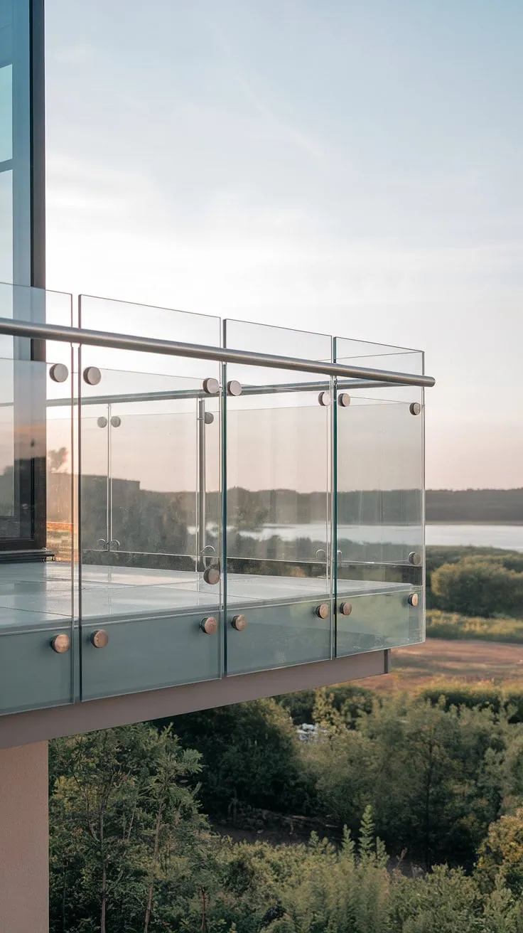 Experience breathtaking views from this contemporary juliet balcony, its minimalist glass balcony design featuring a sleek glass railing and transparent balcony glass panels.  The modern juliet balcony's glass balustrade offers unobstructed panoramas, showcasing the perfect blend of glass balcony systems and stunning scenery. This juliet balcony design, with its glass safety railing and balcony glass enclosure, provides a secure and stylish addition to any home, offering endless juliet balcony ideas.