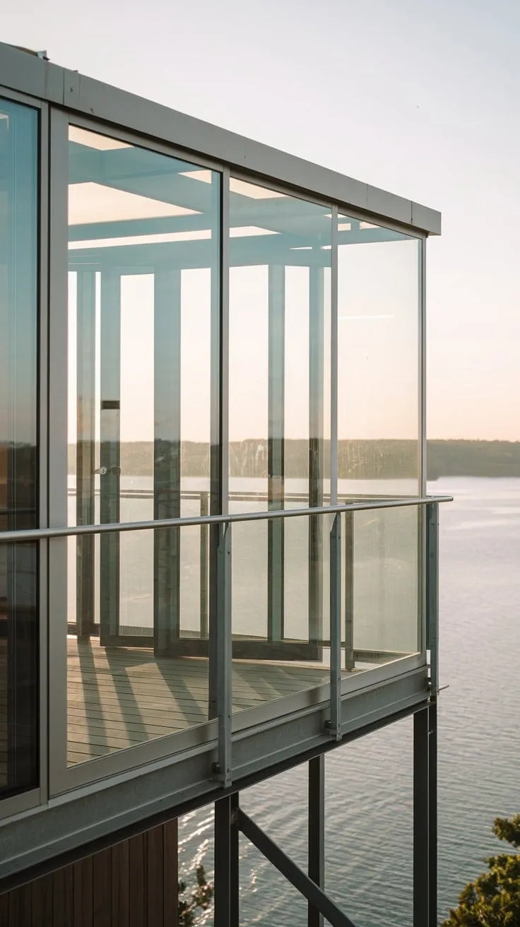 From your high metal balcony, a tranquil view unfolds across the calm water, bathed in soft light