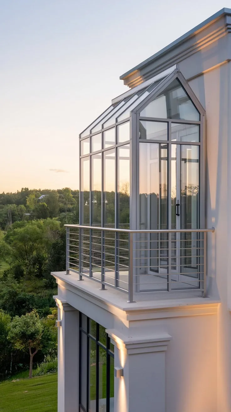 From your second-story Juliet balcony, a tranquil green landscape stretches out before you, bathed in the soft glow of your minimalist white home's exterior lighting