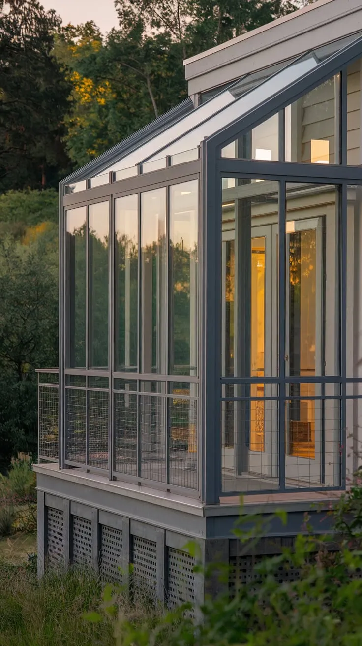A stunning home, bathed in soft light, showcases a glass and metal Juliet balcony overlooking a tranquil landscape of vibrant green