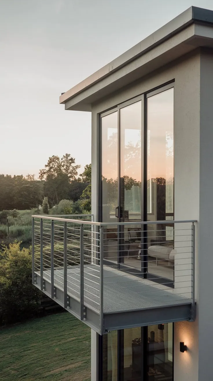 Your minimalist home's glass Juliet balcony, a delicate metal extension from the living room, frames a serene view of lush greenery under the soft glow of evening