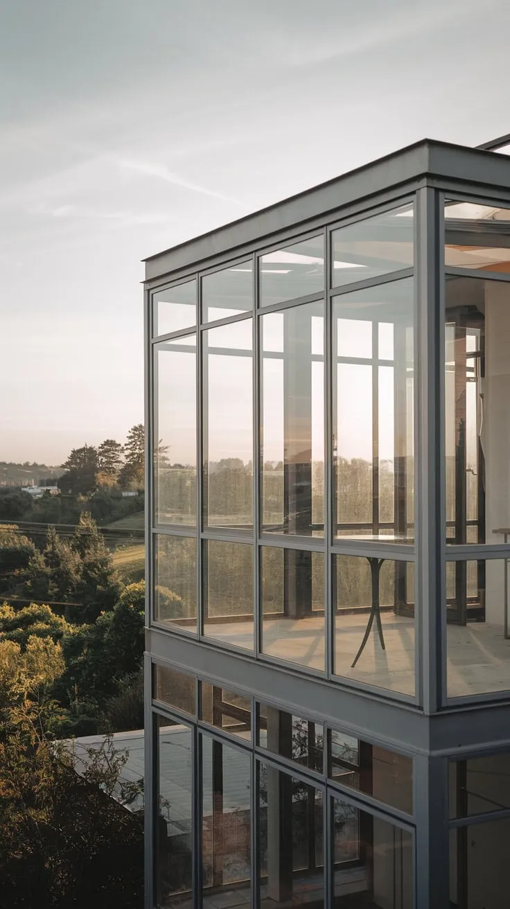 A high-angle view reveals a minimalist home, its glass Juliet balcony softly lit, and the surrounding landscape spread beautifully below