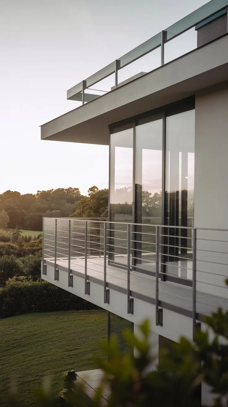 A serene scene unfolds from your minimalist home's second-floor Juliet balcony: a metal railing, clean lines, and a monochrome palette showcasing a vibrant green landscape