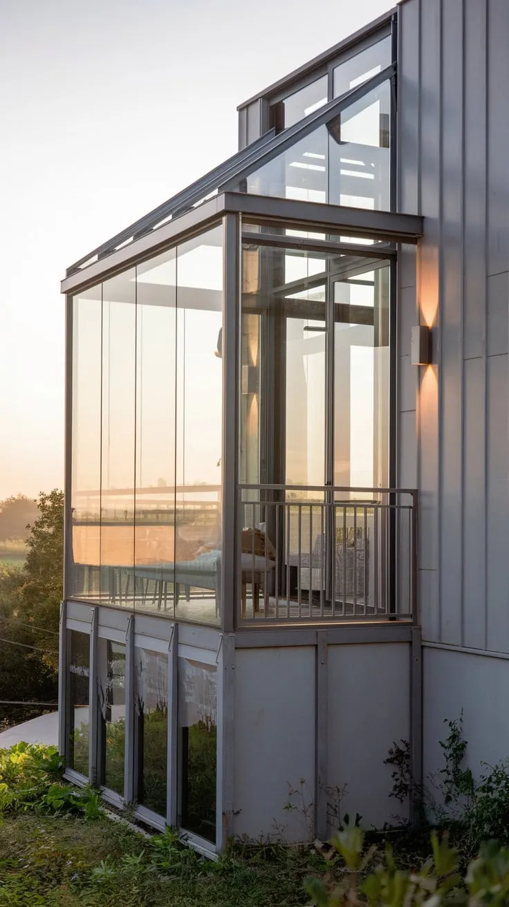 From your glass-and-metal home's second-story Juliet balcony, soft lights highlight a tranquil scene of greenery and distant hills