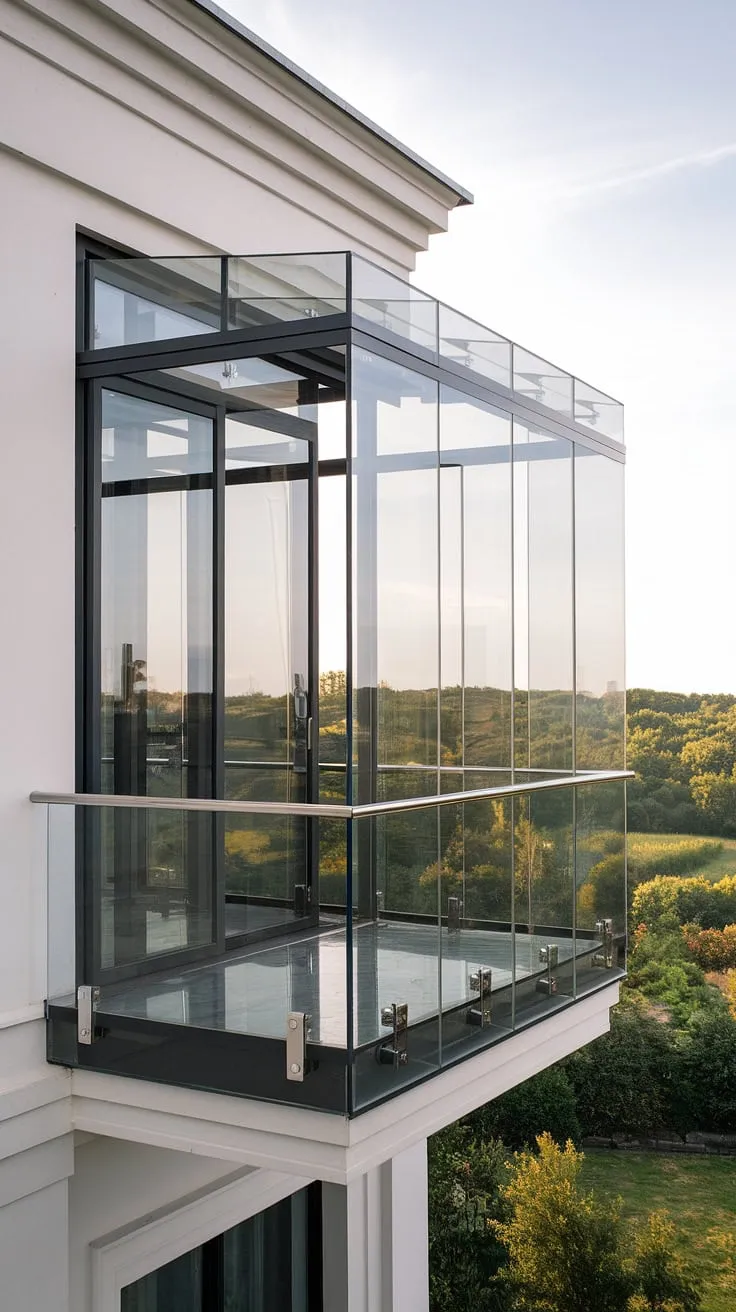 Experience breathtaking panoramic views from this modern juliet balcony.  The sleek glass railing and transparent balcony glass panels of this glass balcony create a sense of airy openness, while the glass balcony enclosure and glass safety railing ensure both style and security. This glass balcony design, a testament to innovative glass balcony systems, is the epitome of contemporary juliet balcony design, offering endless juliet balcony ideas for your own space.  The glass terrace railing completes the elegant and functional design.