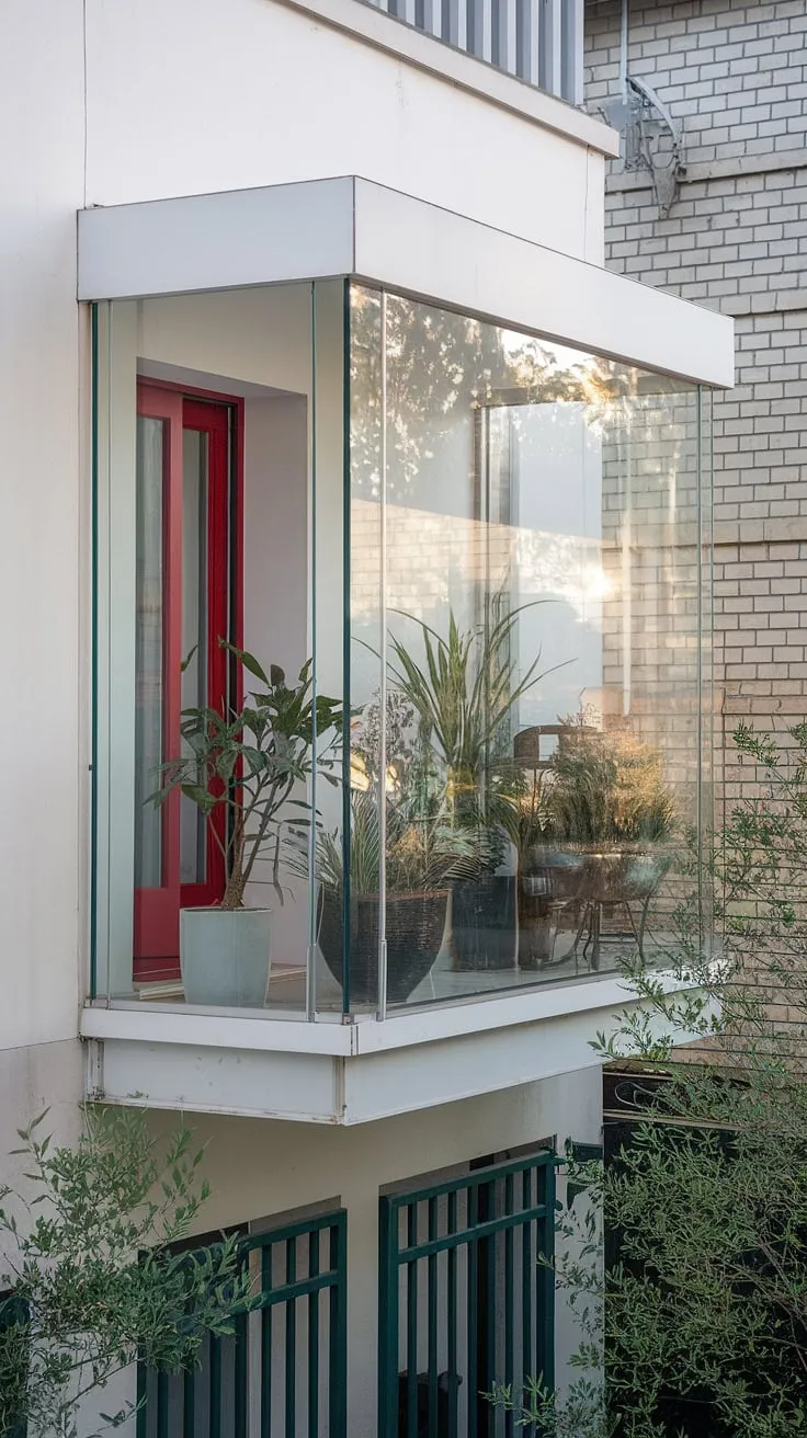 A glass juliet balcony, a testament to modern architecture, features a glass safety railing and a minimalist white frame.  The balcony with glass offers unobstructed views, while the glass terrace railing provides a secure and stylish boundary. This juliet balcony design, incorporating glass balcony panels, is a prime example of glass balcony systems and offers inspiration for your own juliet balcony ideas. The use of a glass balustrade elevates the space, creating a light and airy feel.