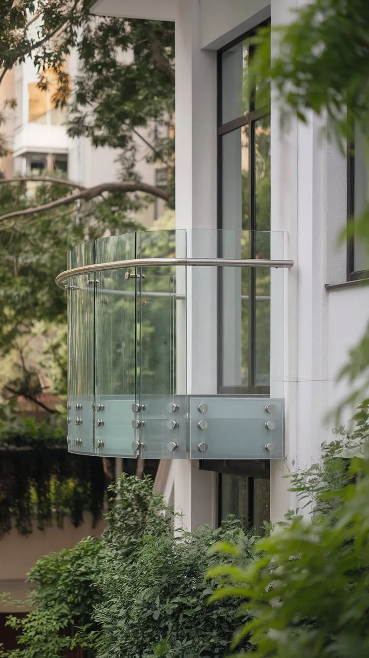 A contemporary juliet balcony reimagined.  This glass balcony, featuring a curved glass railing and a glass balcony enclosure, is the epitome of modern juliet balcony design. The innovative glass balcony systems and carefully selected balcony glass panels create a sense of airy openness while maintaining privacy and safety.  This stunning glass balustrade showcases the best in juliet balcony ideas, offering a sophisticated and functional glass terrace railing.  The result? A breathtaking glass balcony design that's both elegant and secure.