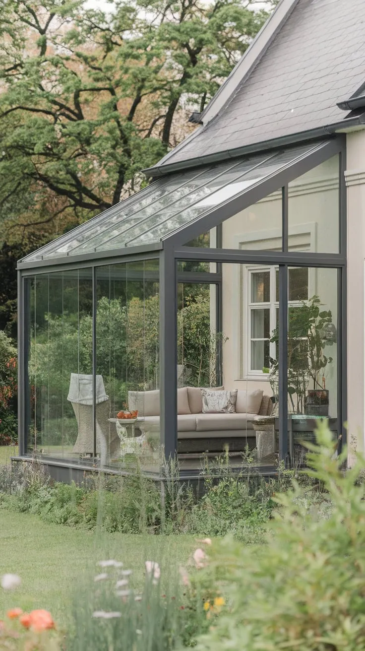 Serene Glass Porch Oasis in a Lush Garden
