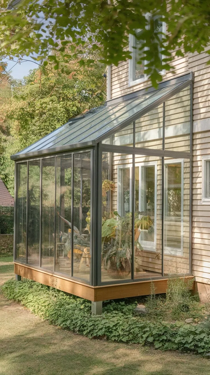Bright and Breezy Glass Porch with Wooden Floors and Greenery