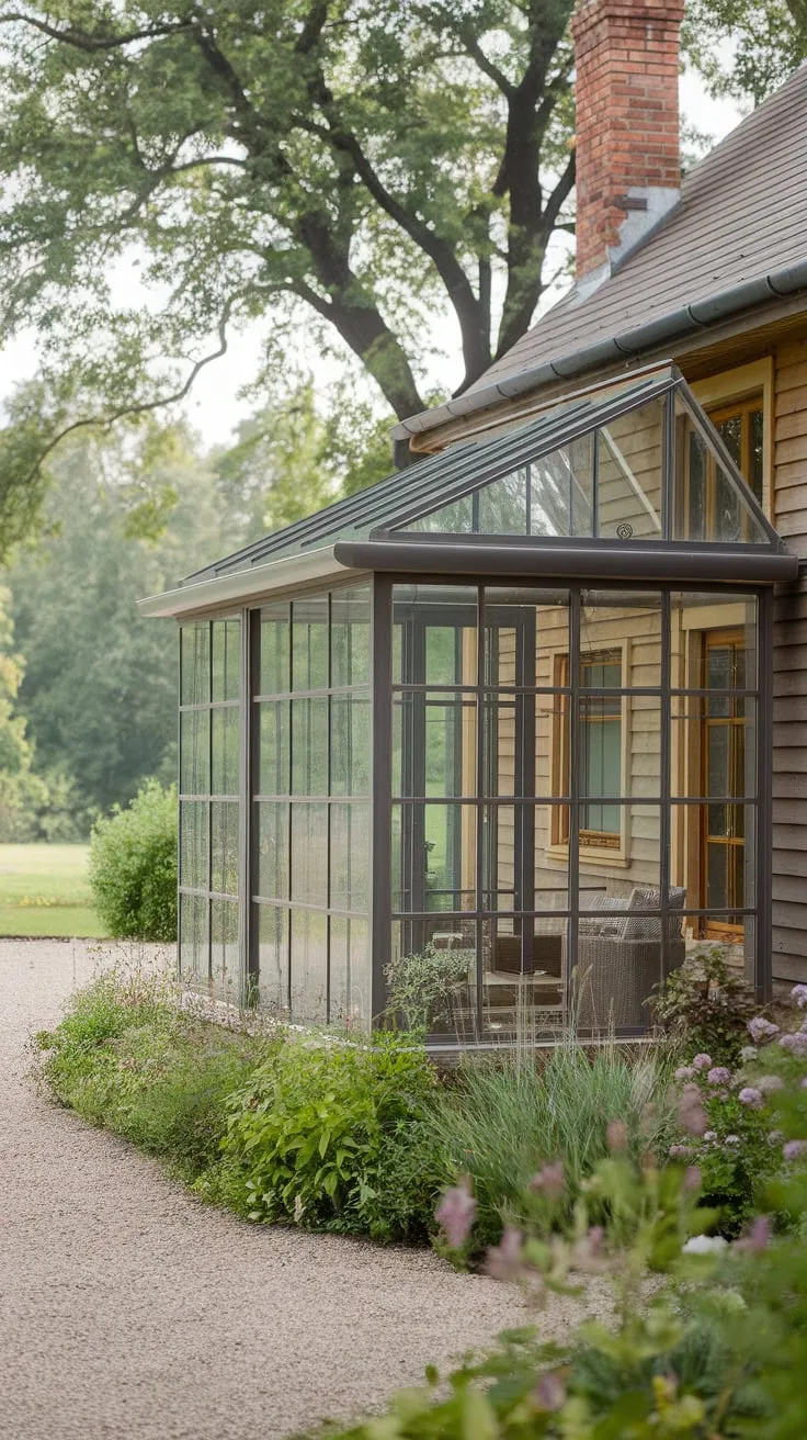 Luminous Glass Porch Amidst a Lush Garden