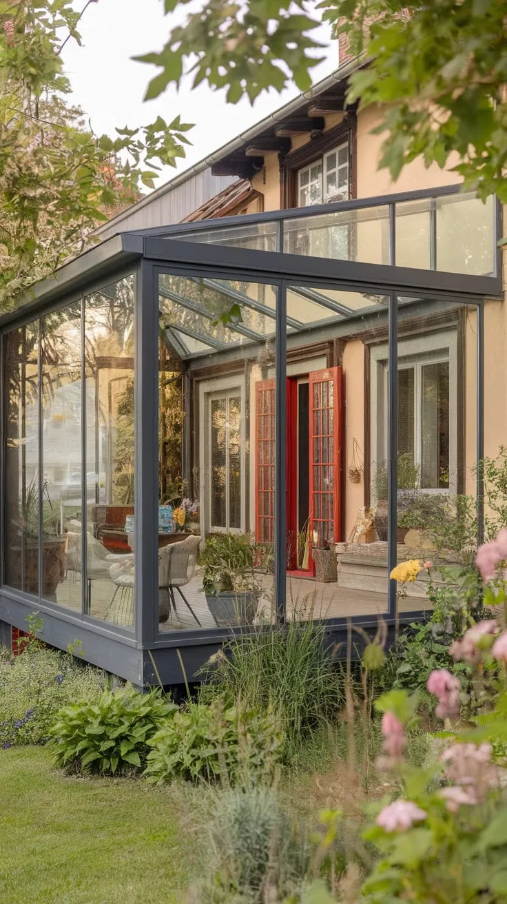 Serene Glass Porch Overlooking a Lush Garden