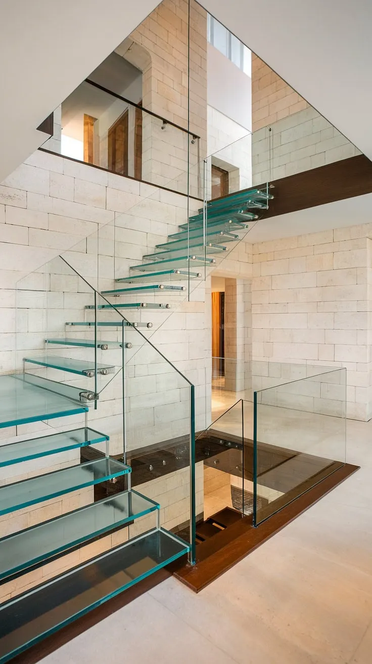 This luxury staircase, a showstopper of glass stairs design, features a dramatic glass staircase and a sophisticated glass staircase railing. The spacious hallway landing, a perfect example of stairs landing design, offers a glimpse into the refined interior of this home.  The overall stairs design interior, with its stone walls and wooden flooring, complements the modern elegance of this house staircase.