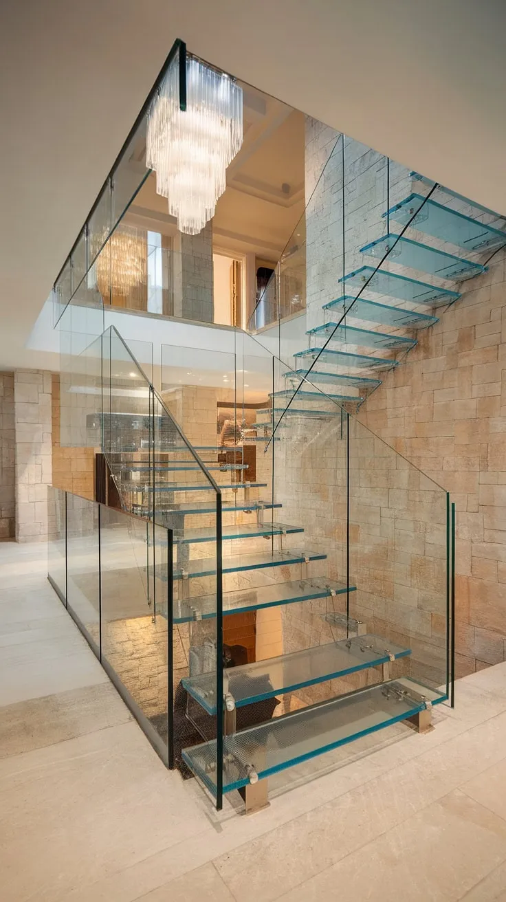 The dramatic glass staircase, a masterpiece of glass stairs design, commands attention in this luxurious home.  Its sleek glass staircase railing perfectly complements the stone architecture, while the stairs landing, complete with a shimmering chandelier, creates a captivating focal point in this impressive house staircase.