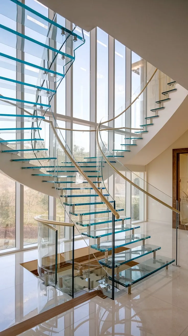 Sunlight streams through the expansive window, illuminating the graceful curve of this glass staircase.  The luxury staircase, with its innovative glass stairs design and sleek glass staircase railing, effortlessly connects the hallway landing to the stairs landing above, a stunning example of stairs design interior in this dream house staircase.