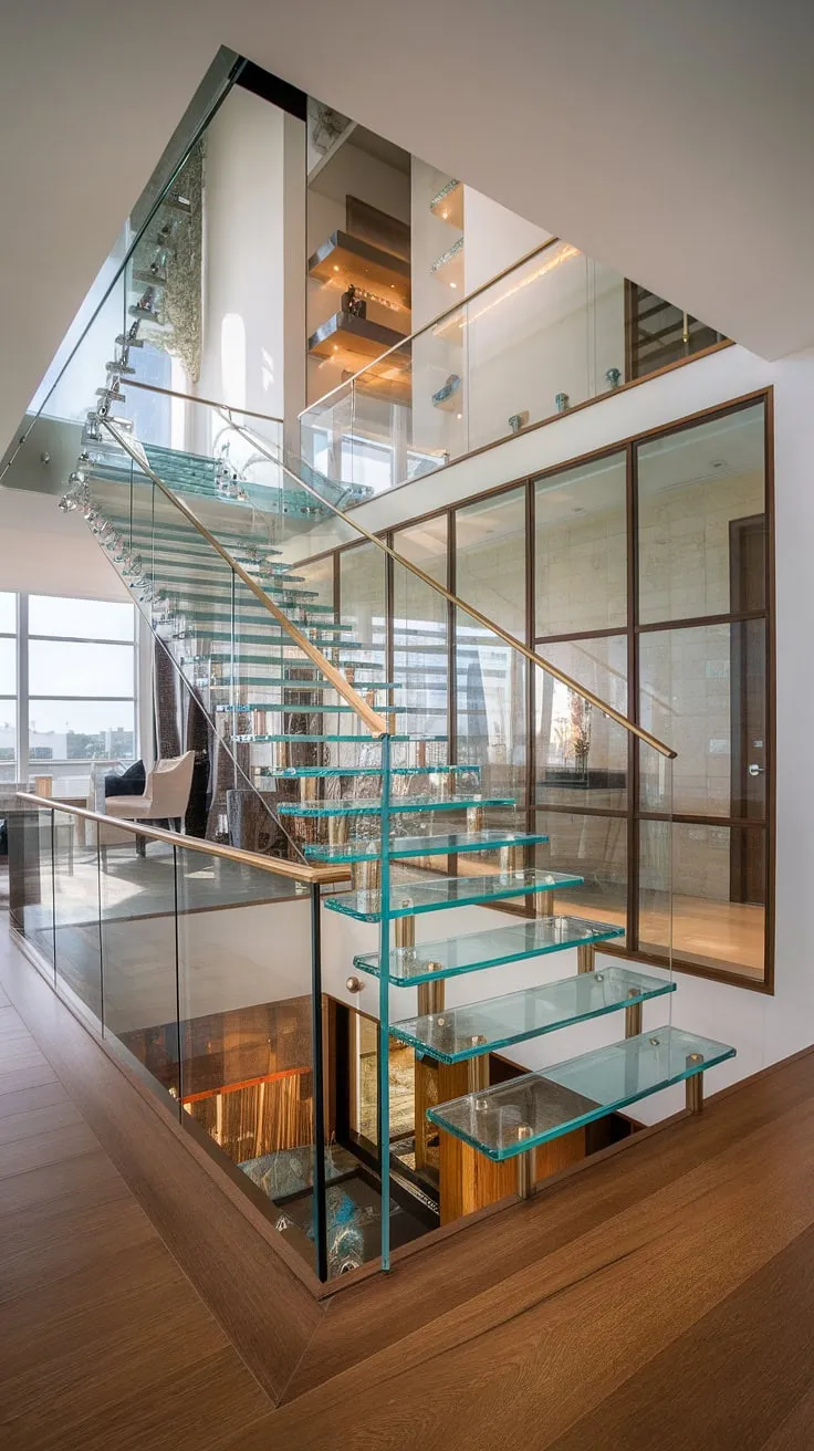 Ascending to elegance: This luxury staircase, a masterpiece of glass stairs design and a glass staircase railing, transforms the hallway landing into a breathtaking focal point. The stairs design interior perfectly complements the modern architecture.