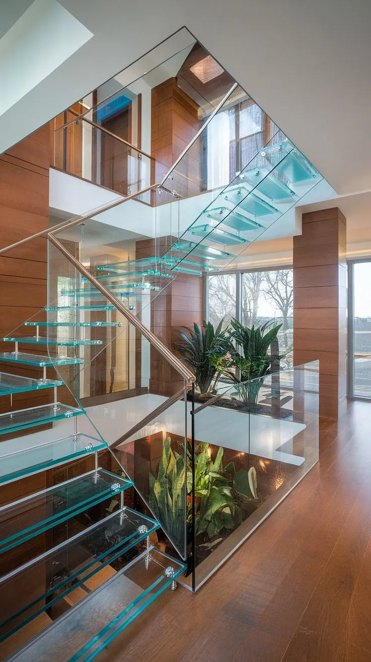 Sunlight streams through the glass staircase, illuminating the elegant wood paneling and lush plants on the hallway landing. This luxury staircase, a masterpiece of glass stairs design and glass staircase railing, defines modern sophistication in stairs design interior.  The stairs landing provides a tranquil pause in this stunning house staircase.