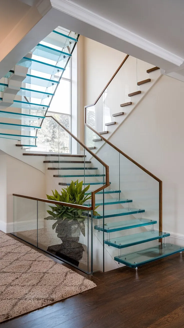 A breathtaking glass staircase, a masterpiece of glass stairs design, ascends to a sunlit hallway landing. The glass staircase railing offers unobstructed views, while the plush rug and potted plant on the stairs landing add a touch of elegance to this luxury staircase and stunning stairs design interior. This house staircase is the heart of this luxurious home.