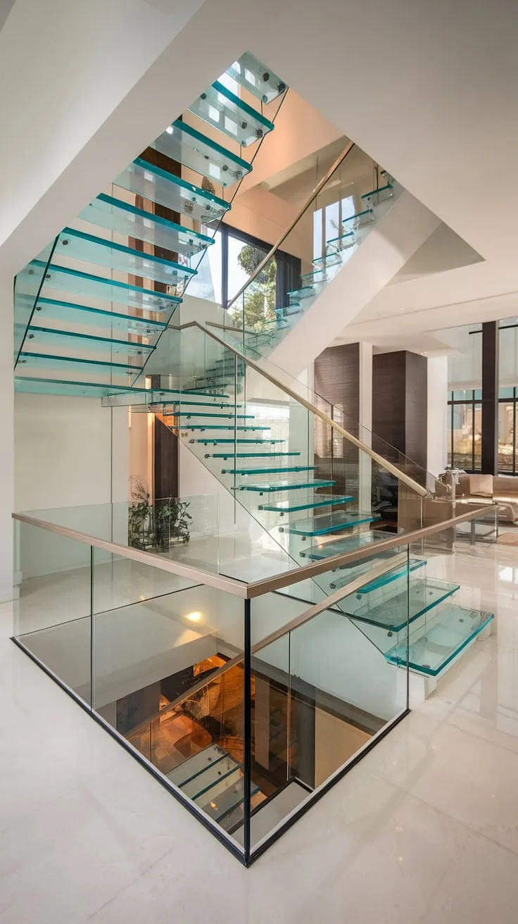 This luxury house boasts a show-stopping glass staircase, its transparent design flooding the space with natural light.  From the hallway landing to the stairs landing, the glass staircase railing and overall glass stairs design create a sense of airy sophistication, a testament to exceptional stairs design interior and a truly remarkable house staircase.