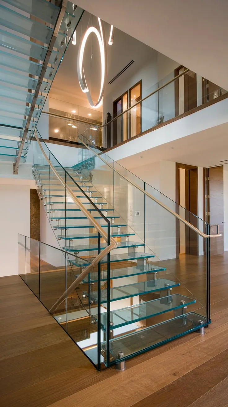 Sculptural elegance meets modern minimalism in this stunning glass staircase design. The curved glass stairs, complemented by a sleek glass staircase railing, create a breathtaking focal point, leading from the hallway landing to the upper levels of this luxury home. The stairs landing is a perfect blend of wood and glass, enhancing the overall stairs design interior.