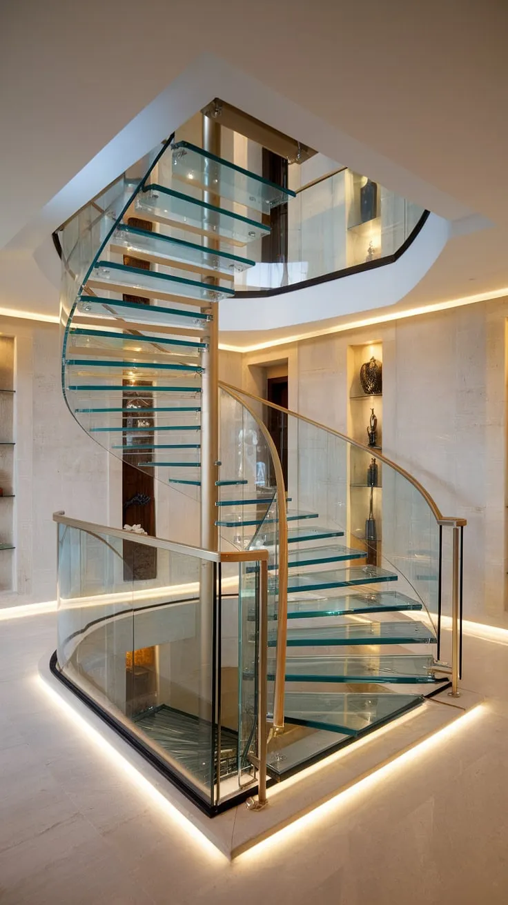 A breathtaking glass staircase, showcasing innovative glass staircase railing and a captivating spiral design. The warm lighting below accentuates the luxury staircase, transforming the hallway landing and stairs landing into a space of refined beauty. This stairs design interior is the epitome of modern elegance.