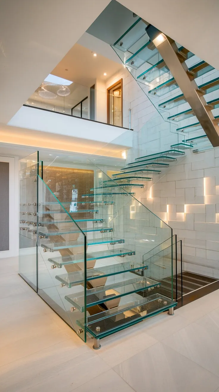 A symphony of light and glass: This stunning glass staircase, with its innovative glass stairs design and sleek glass staircase railing, defines modern luxury. The hallway landing, complete with a charming stairs landing, is bathed in natural light, showcasing the exquisite stairs design interior.  This house staircase is the epitome of sophisticated living.