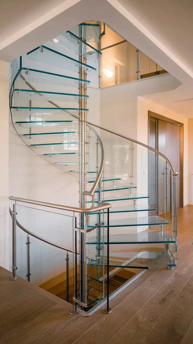 Ascending to elegance: This luxury staircase, a masterpiece of glass stairs design, gracefully spirals from the hallway landing to the upper floors.  The glass staircase railing adds a touch of modern sophistication to this stunning stairs design interior, transforming the house staircase into a breathtaking focal point.