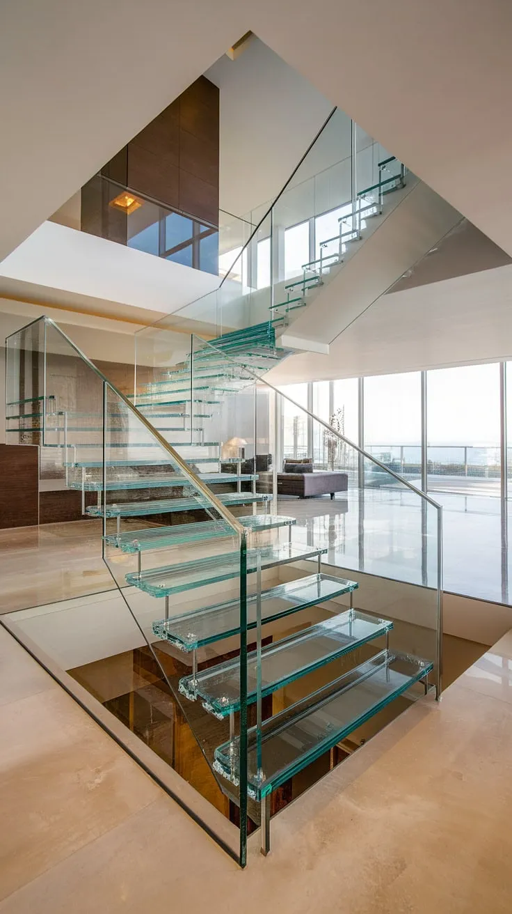 A symphony of light and space: This U-shaped glass staircase, with its sleek glass staircase railing, defines modern luxury. The stairs landing provides a dramatic pause before ascending to the next level, showcasing the impeccable stairs design interior.  This glass stairs design is the heart of this home's architectural statement, a true showpiece in any house staircase.