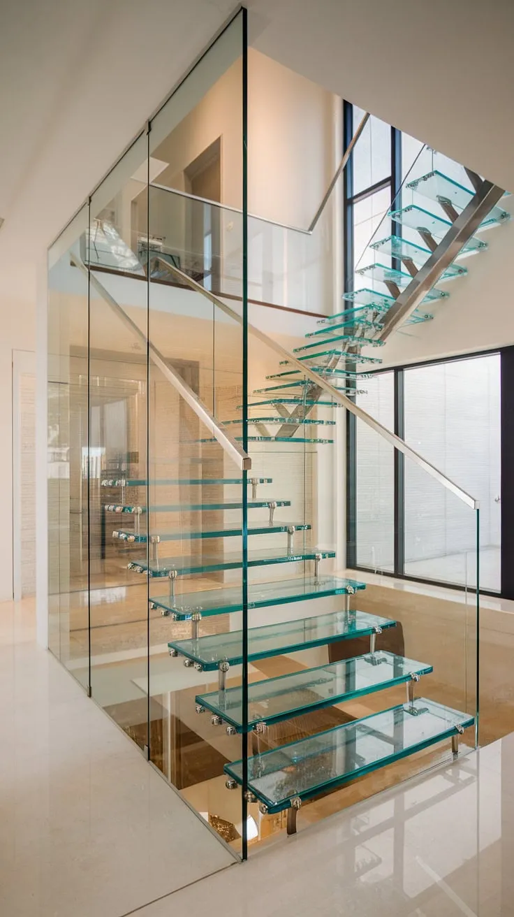 This stunning glass staircase, complete with a minimalist glass staircase railing, is the centerpiece of this airy hallway. The stairs landing offers a moment of contemplation before reaching the upper level, making this house staircase a true architectural marvel.  The glass stairs design perfectly complements the home's modern aesthetic.