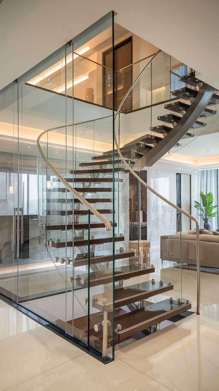 A stunning glass staircase, a testament to exquisite stairs design interior, commands attention in this luxurious home. The glass staircase railing provides a sense of airy openness, while the curved form and hallway landing add a touch of sophistication. This house staircase is more than just a connection between floors; it's a work of art.