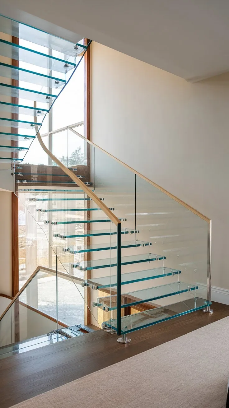 Ascending to serenity: This glass staircase, a masterpiece of glass stairs design, gracefully curves towards a sun-drenched stairs landing. The house staircase's wooden base complements the sleek glass staircase railing, creating a luxurious and inviting entrance to the hallway landing.  A true statement piece in stairs design interior.