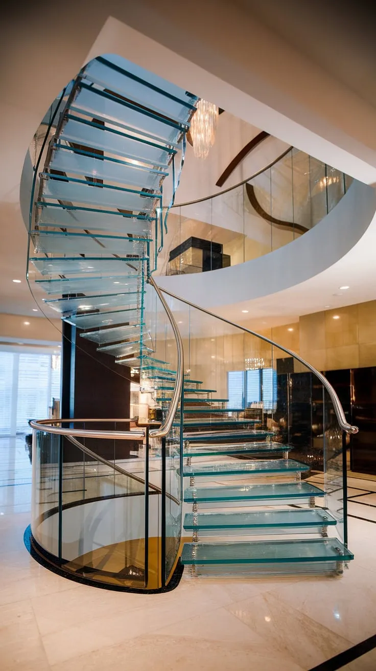 A mesmerizing glass staircase spirals upwards, its glass stairs design bathed in a soft glow.  The glass staircase railing offers a sense of airy openness, while the hallway landing and stairs landing provide elegant pauses in the ascent. This luxury staircase is the heart of this modern home, a stunning example of stairs design interior that elevates the entire house staircase to a work of art.