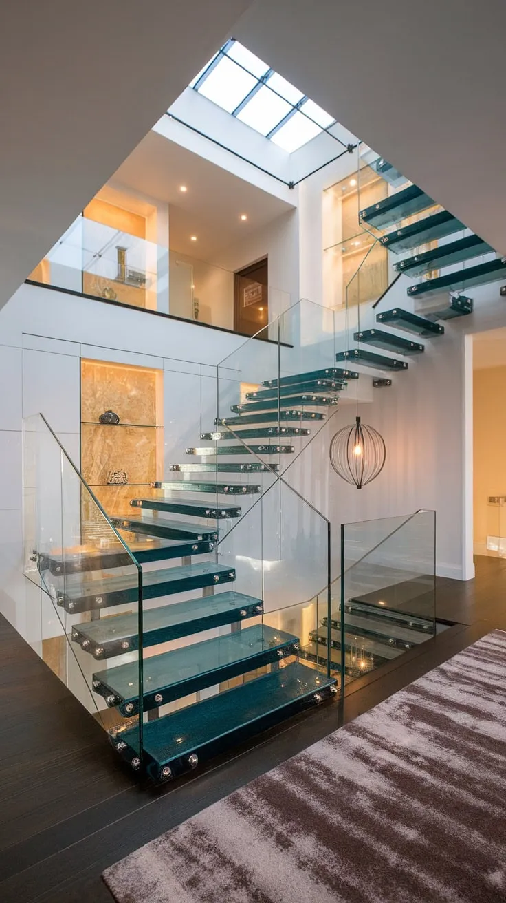 This house staircase, a breathtaking glass staircase, is more than just a way to navigate levels; it's a work of art. The glass stairs design, with its exquisite glass staircase railing, creates an airy and luxurious feel in the hallway landing.  The stairs landing, bathed in natural light, is a testament to sophisticated stairs design interior and the epitome of luxury staircase living.