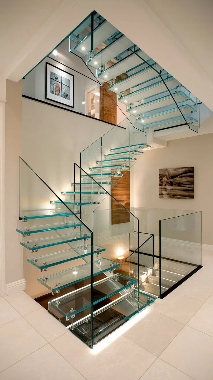 The sheer elegance of this luxury staircase is undeniable.  The glass stairs design, complete with a stunning glass staircase railing, creates an airy and modern feel.  The strategically placed hallway landing and stairs landing add architectural interest, making this house staircase a true focal point of the home's interior design.