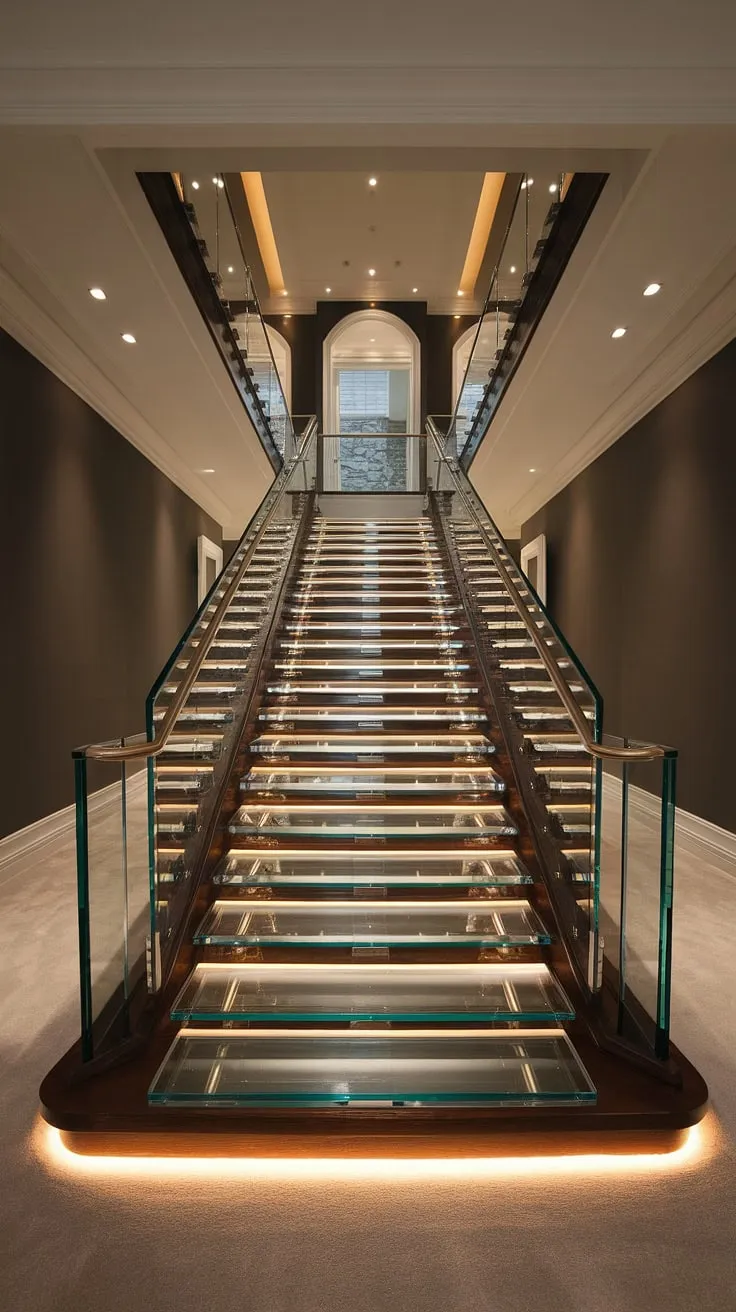 A stunning glass staircase, bathed in a warm glow, leads to a plush hallway landing.  This house staircase, a testament to exquisite glass staircase railing and stairs design interior, defines luxury. The overall design is a perfect example of modern elegance.