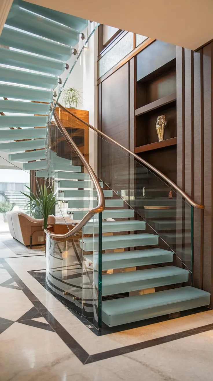 A breathtaking glass staircase, a masterpiece of glass stairs design, sweeps upwards from the stairs landing.  The polished glass staircase railing and matte finish stairs create a luxurious feel, perfectly complementing the geometric flooring and wooden wall paneling. This house staircase is the ultimate statement piece, seamlessly connecting the hallway landing to the upper level.