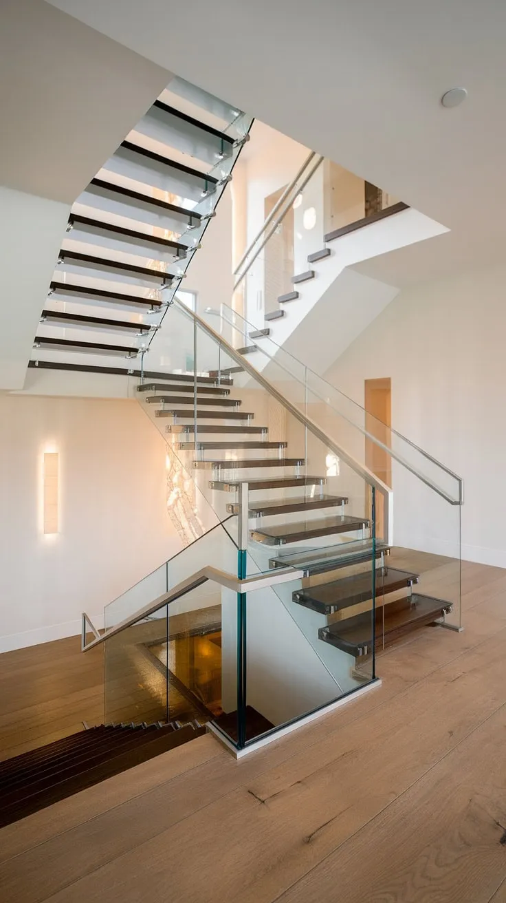 This luxury house boasts a show-stopping glass staircase, its elegant glass staircase railing leading up to a spacious stairs landing. The sophisticated glass stairs design and minimalist aesthetic create a truly unforgettable stairs design interior.  The perfect blend of modern luxury and functionality, this house staircase is a statement piece.