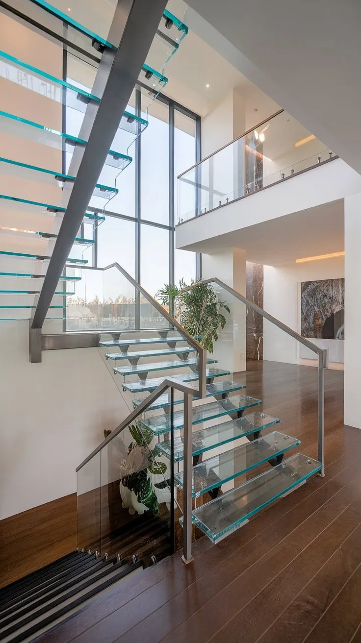 This stunning glass stairs design is the epitome of modern luxury. The glass staircase and glass staircase railing float gracefully, creating an airy and spacious feel.  The house staircase's elegant ascent culminates in a serene stairs landing, a perfect spot to pause and appreciate the home's architectural beauty, enhanced by the wooden flooring and a touch of greenery.