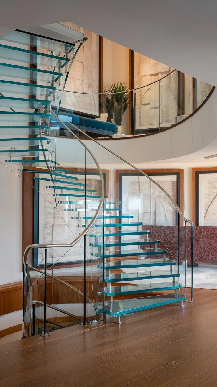 A symphony of light and space:  The glass staircase, a showstopper of glass stairs design, gracefully curves upwards, its glass staircase railing offering unobstructed views.  The spacious hallway landing and stairs landing create a sense of airy grandeur, showcasing the impeccable stairs design interior of this house staircase.  A true testament to luxury staircase design.