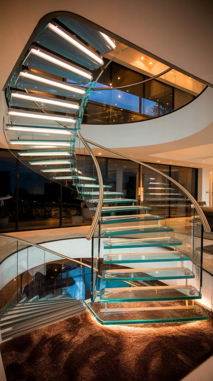 Ascending to elegance: This luxury staircase, a masterpiece of glass stairs design, showcases a unique spiraling glass staircase railing that gracefully leads to a bright hallway landing. The innovative stairs design interior bathes the house staircase in a warm glow, creating a truly breathtaking focal point.