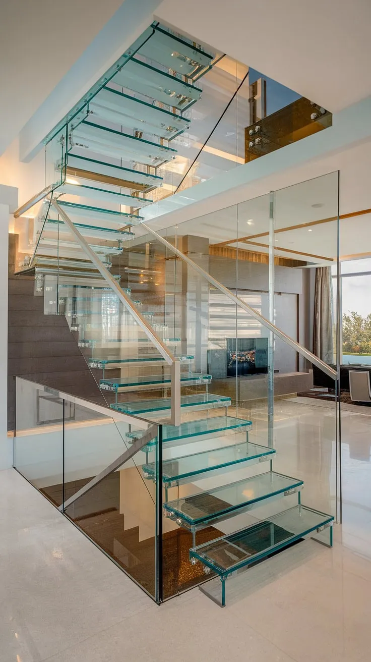 This luxury house boasts a show-stopping glass staircase, a true statement piece in modern stairs design interior.  The glass stairs design, complete with a sophisticated glass staircase railing, creates a seamless transition between the hallway landing and the stairs landing.  This house staircase is the epitome of refined luxury.