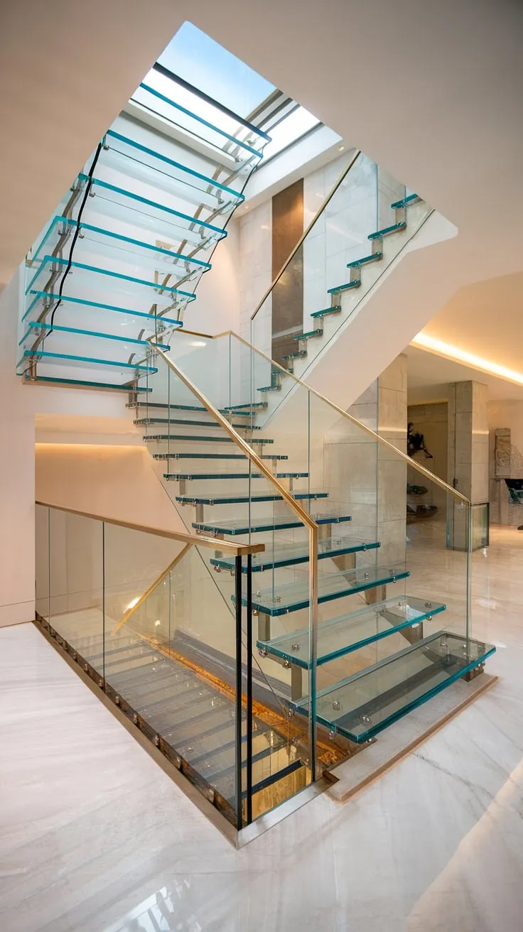 A stunning glass staircase, showcasing a sophisticated glass staircase railing, gracefully descends to a spacious hallway landing. The stairs landing is bathed in natural light, highlighting the exquisite details of this house staircase and the luxurious marble flooring.  This is more than just stairs; it's a statement of modern elegance in stairs design interior.