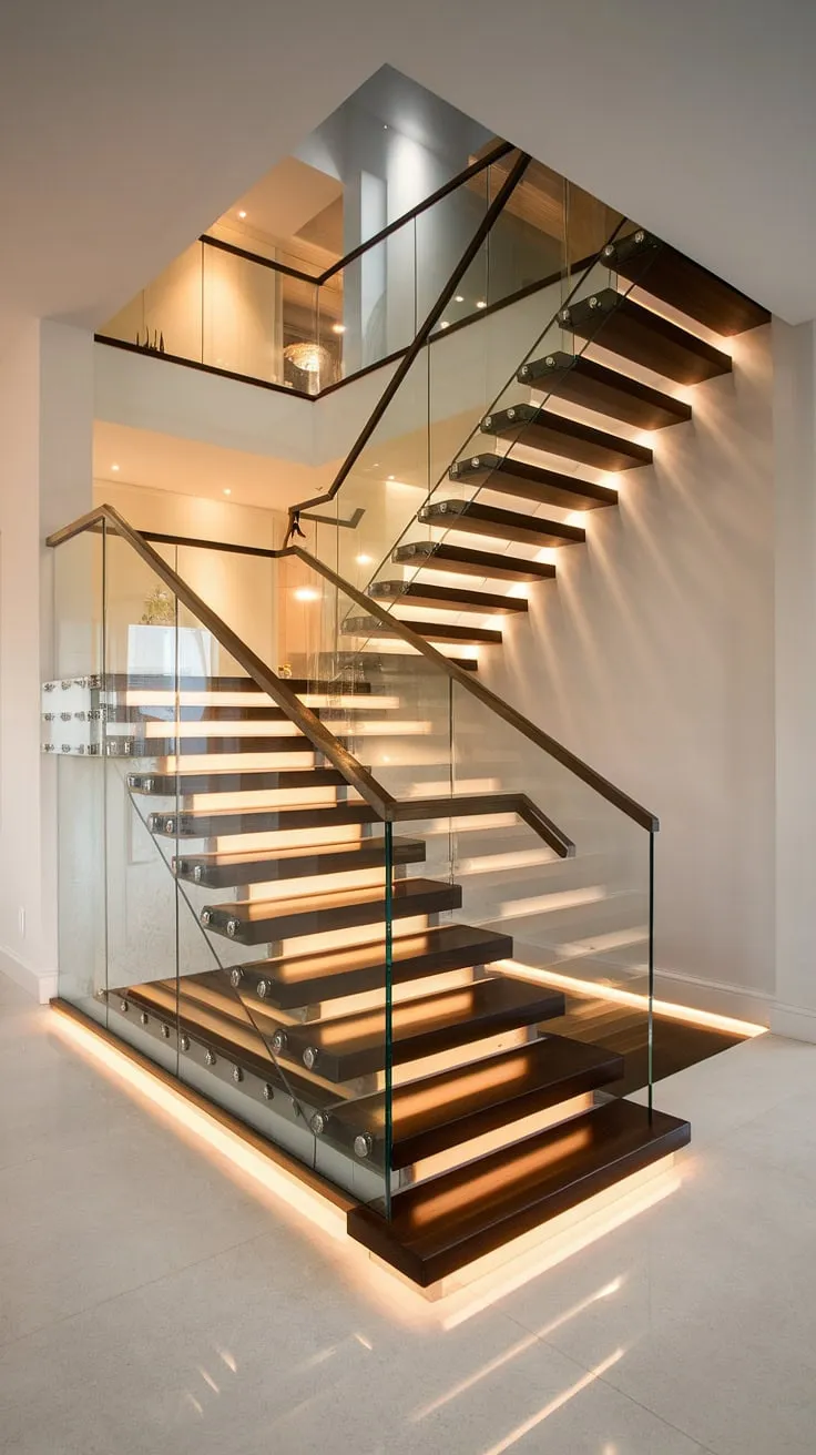 This house staircase is a masterpiece of modern design. The glass staircase, with its elegant glass staircase railing, floats effortlessly, its illuminated underside casting a captivating light across the polished floor.  The contrast between the dark wood steps and the bright surroundings, culminating in the stairs landing and hallway landing, makes this glass stairs design truly unforgettable.