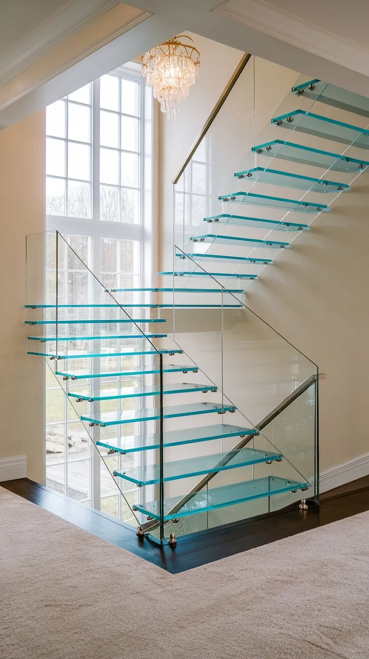 A breathtaking glass staircase, a masterpiece of glass stairs design, gracefully curves from the hallway landing to the stairs landing.  The luxury staircase, with its elegant glass staircase railing, bathes the house staircase in light, creating a stunning focal point in this modern interior.  The stairs design interior is both luxurious and airy.