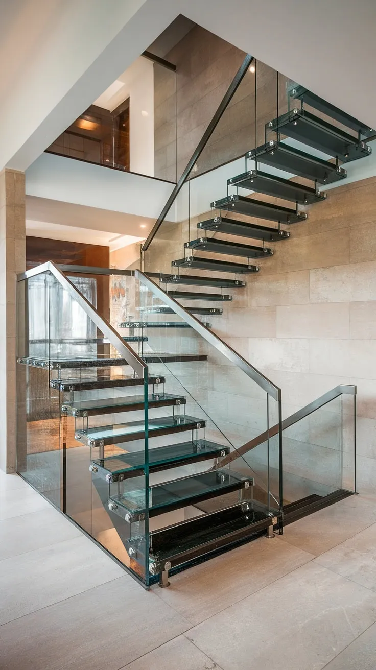 A stunning glass staircase ascends to a tranquil upper hallway landing.  This house staircase, a masterpiece of glass stairs design, features a sophisticated glass staircase railing and exemplifies modern luxury in every detail. The stairs landing provides a dramatic pause before reaching the next level.