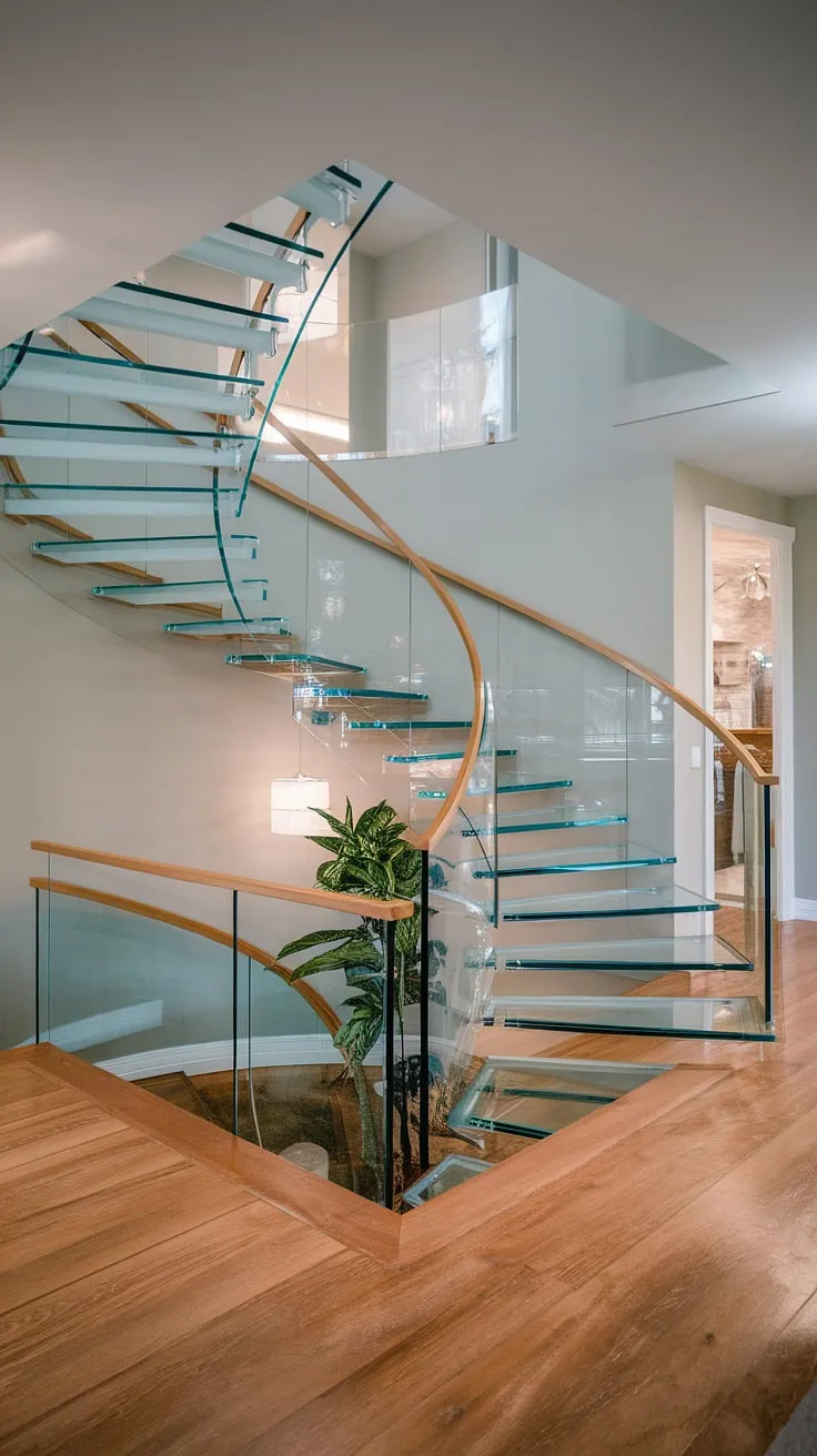 Effortless elegance defines this luxury staircase. The curved glass staircase design, complete with a sleek glass staircase railing, creates a breathtaking focal point in the hallway landing.  The stairs design interior perfectly complements the modern aesthetic, transforming a simple house staircase into a statement piece.