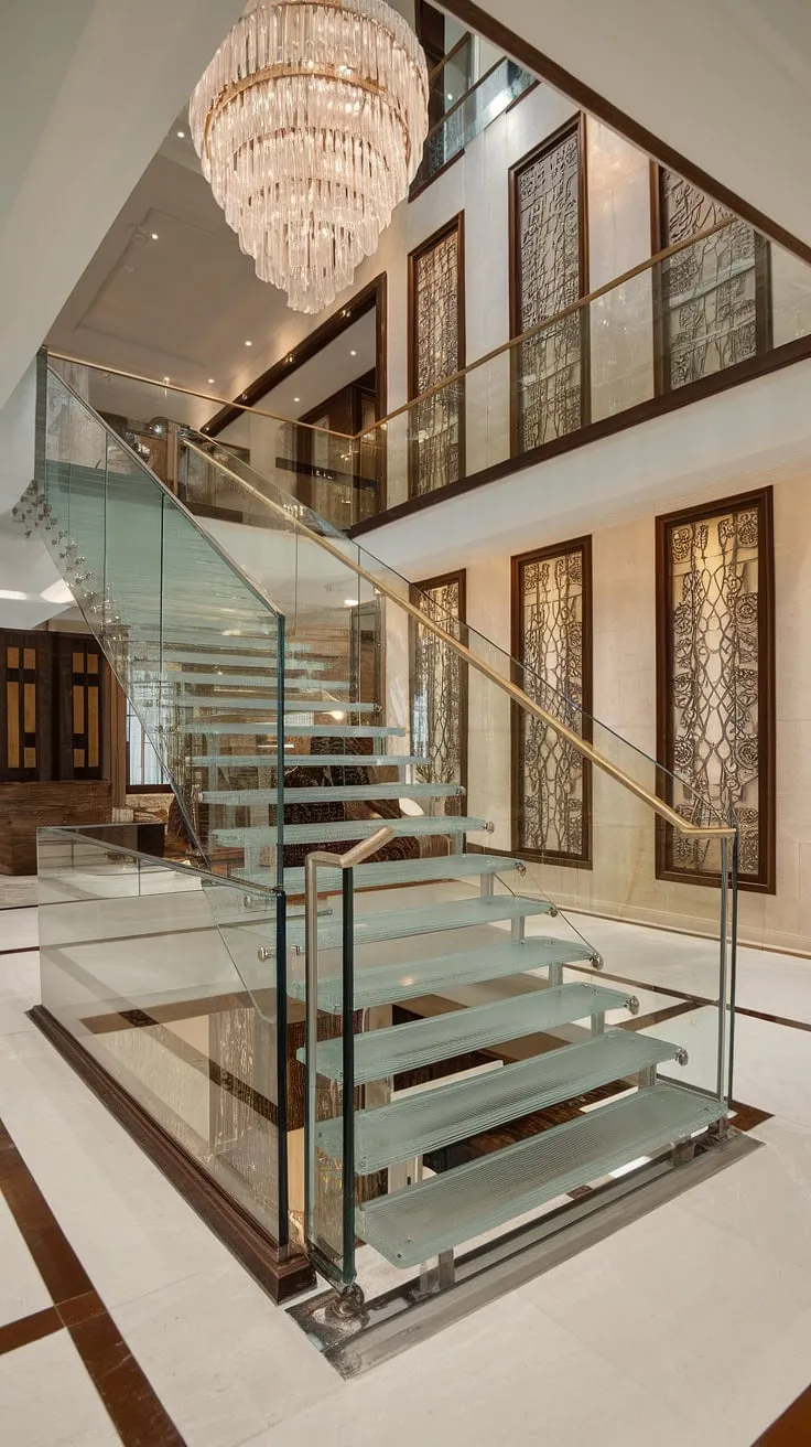 A breathtaking glass staircase, a testament to modern stairs design interior. The glass staircase railing offers unobstructed views, while the elegant hallway landing and stairs landing create a sense of airy grandeur. This luxury staircase is the focal point of this stunning home, a perfect example of sophisticated house staircase design.